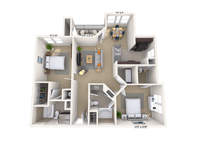 Floor plan for 2 beds, 2 baths, 1104 sqft