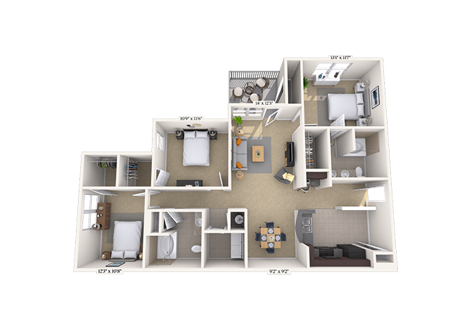 Floor plan for 3 beds, 2 baths, 1327 sqft