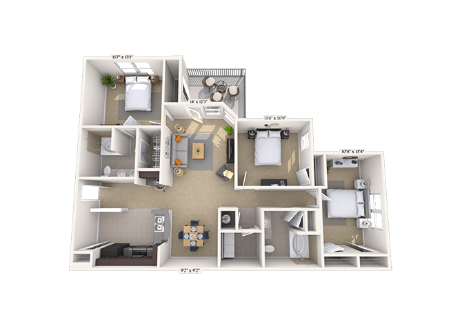 Floor plan for 3 beds, 2 baths, 1331 sqft