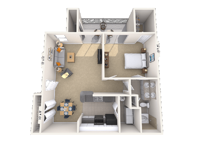 Floor plan for 1 bed, 1 bath, 882 sqft
