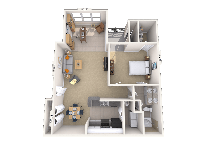 Floor plan for 1 bed, 1 bath, 924 sqft