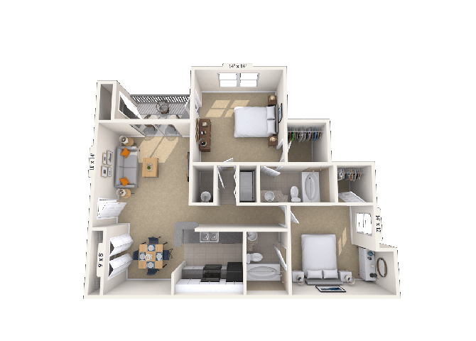 Floor plan for 2 beds, 2 baths, 1132 sqft