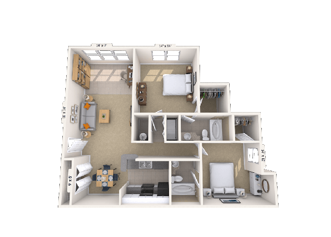 Floor plan for 2 beds, 2 baths, 1155 sqft