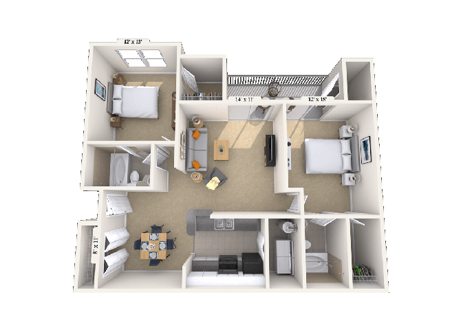 Floor plan for 2 beds, 2 baths, 1156 sqft