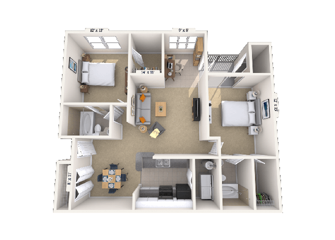 Floor plan for 2 beds, 2 baths, 1180 sqft