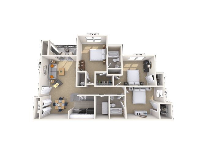 Floor plan for 3 beds, 2 baths, 1334 sqft