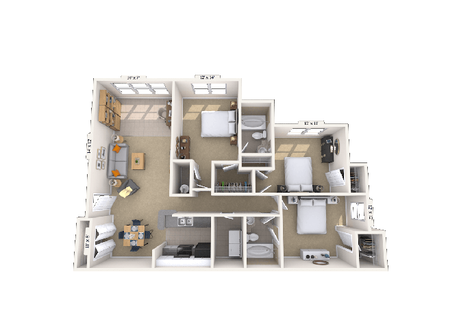 Floor plan for 3 beds, 2 baths, 1351 sqft