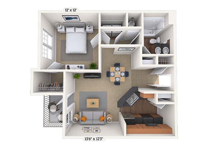 Floor plan for 1 bed, 1 bath, 691 sqft