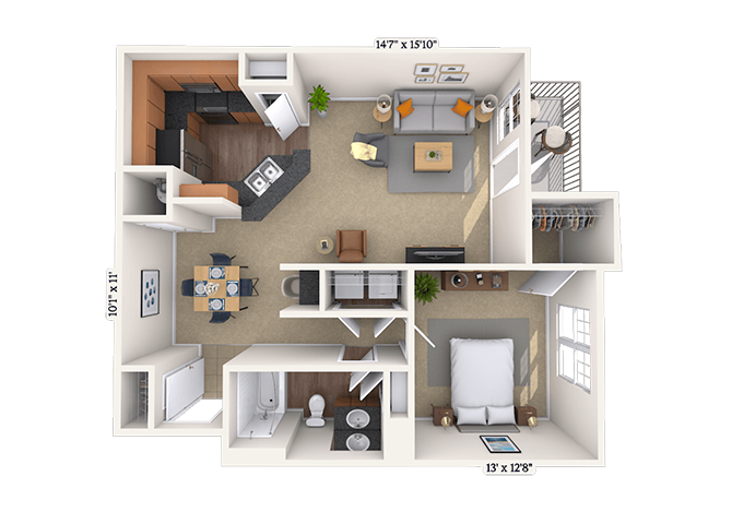 Floor plan for 1 bed, 1 bath, 880 sqft