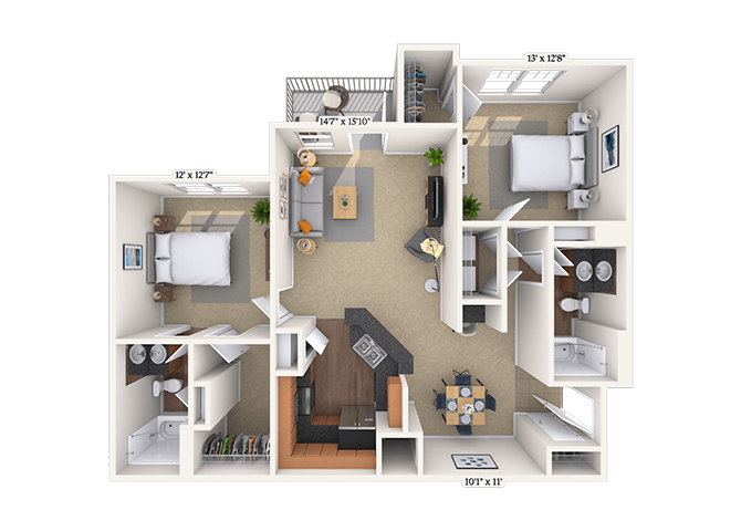 Floor plan for 2 beds, 2 baths, 1177 sqft
