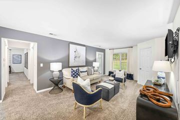 Charlotte apartment for rent - A living room with a blue chair and a black couch.