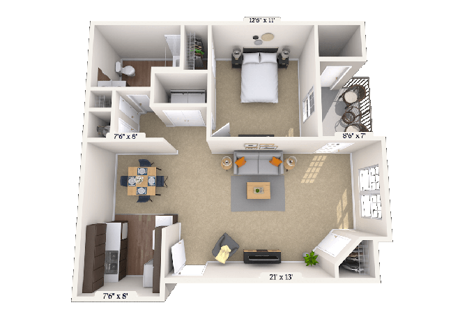 Floor plan for 1 bed, 1 bath, 745 sqft