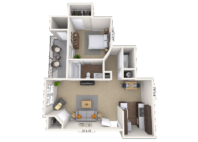 Floor plan for 1 bed, 1 bath, 795 sqft
