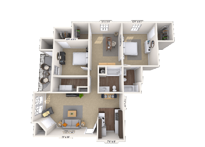 Floor plan for 2 beds, 2 baths, 1260 sqft