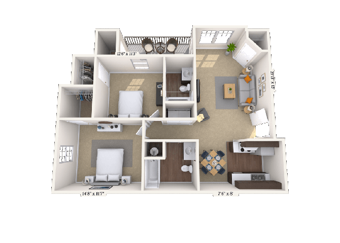 Floor plan for 2 beds, 2 baths, 1045 sqft