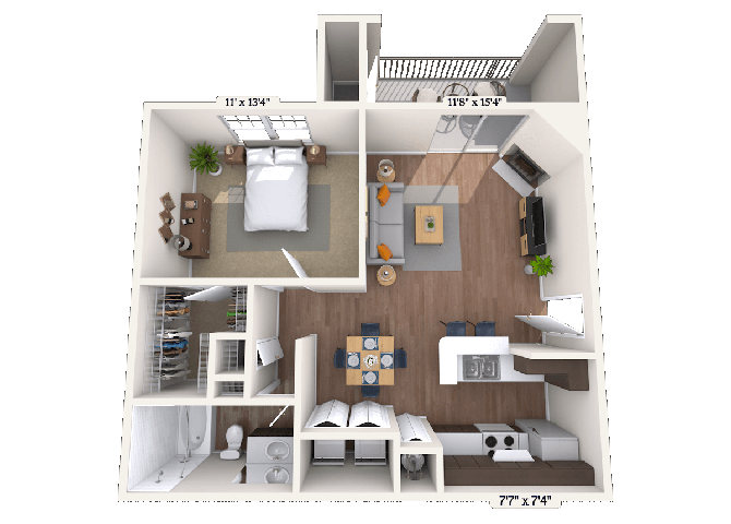 Floor plan for 1 bed, 1 bath, 712 sqft