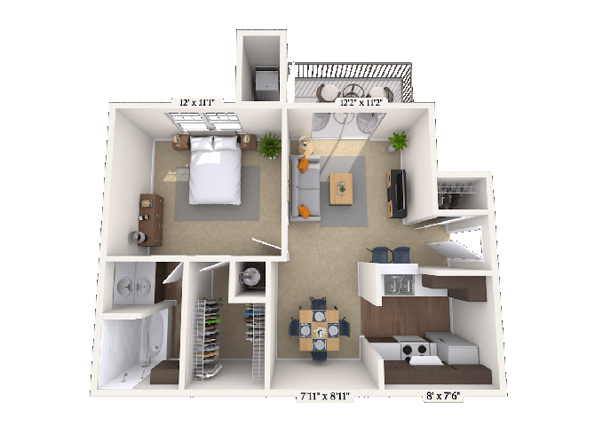 Floor plan for 1 bed, 1 bath, 584 sqft