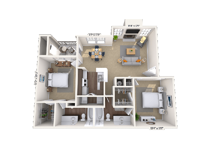Floor plan for 2 beds, 2 baths, 911 sqft