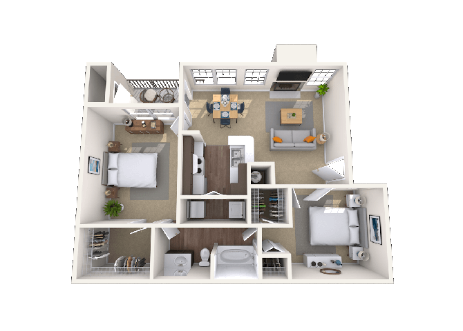 Floor plan for 2 beds, 1 bath, 782 sqft