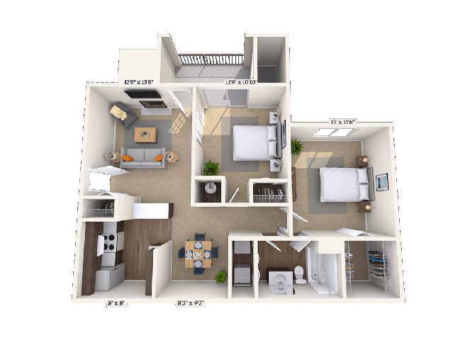 Floor plan for 2 beds, 1 bath, 950 sqft