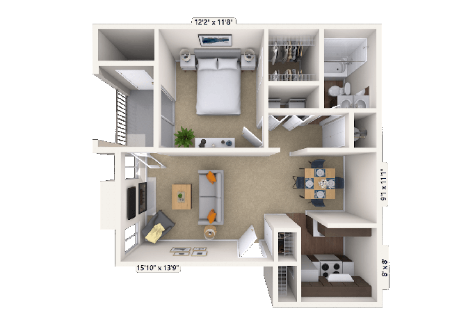 Floor plan for 1 bed, 1 bath, 828 sqft