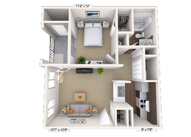 Floor plan for 1 bed, 1 bath, 715 sqft
