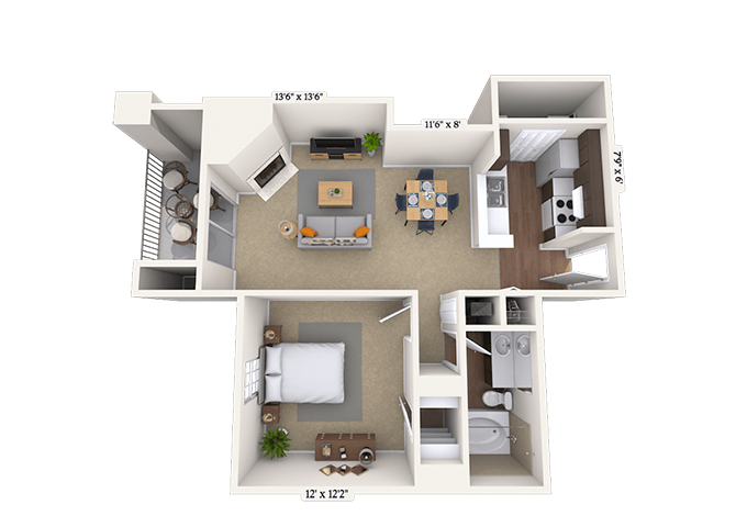 Floor plan for 1 bed, 1 bath, 672 sqft