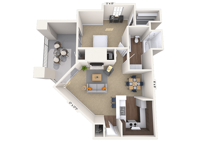 Floor plan for 1 bed, 1 bath, 855 sqft