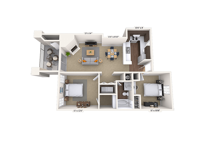 Floor plan for 2 beds, 1 bath, 865 sqft