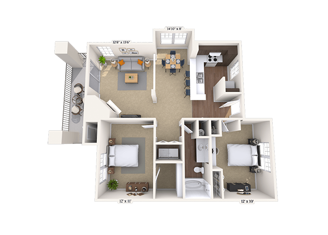 Floor plan for 2 beds, 1 bath, 870 sqft