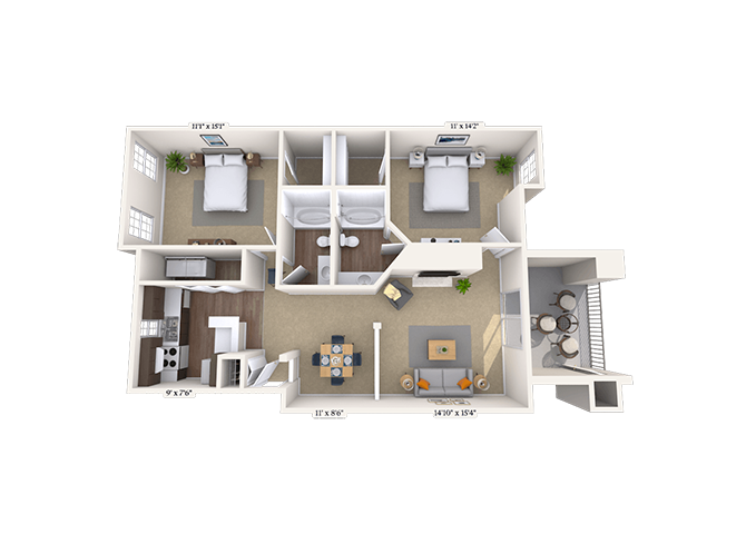 Floor plan for 2 beds, 2 baths, 1019 sqft