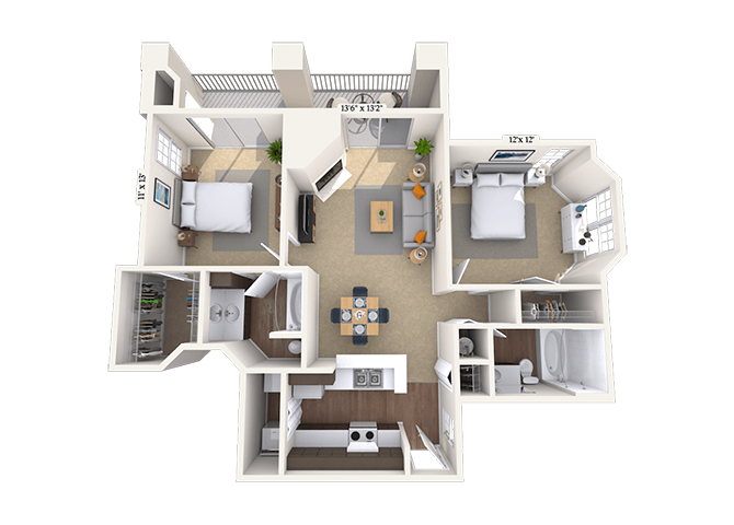 Floor plan for 2 beds, 2 baths, 1054 sqft