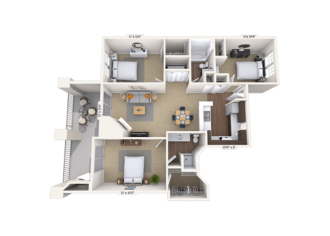 Floor plan for 3 beds, 2 baths, 1176 sqft