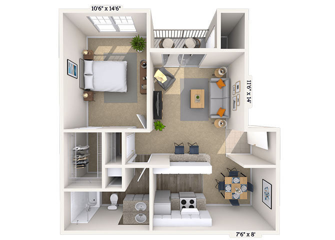 Floor plan for 1 bed, 1 bath, 685 sqft