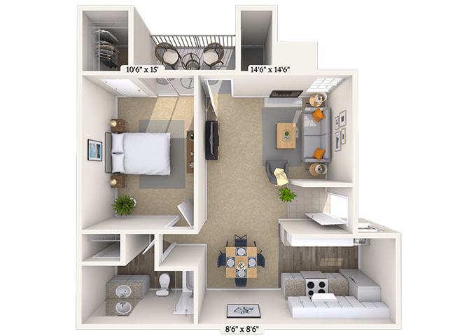 Floor plan for 1 bed, 1 bath, 800 sqft
