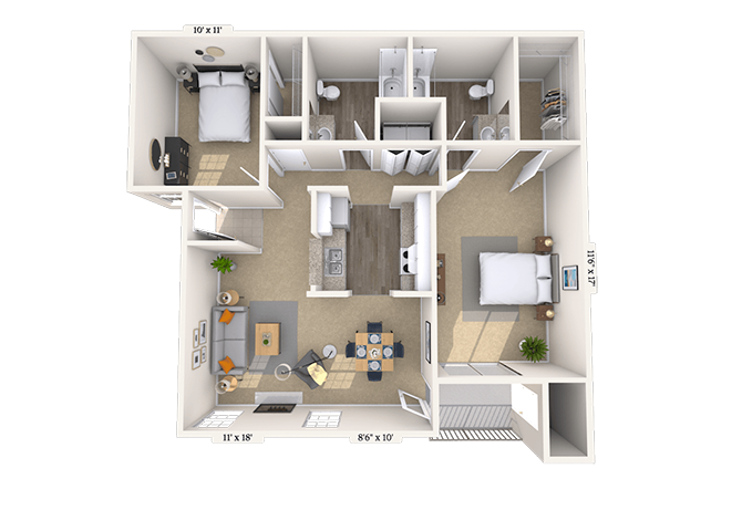 Floor plan for 2 beds, 2 baths, 1050 sqft