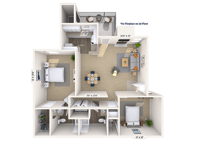 Floor plan for 2 beds, 2 baths, 1150 sqft
