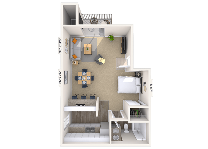 Floor plan for 1 bed, 1 bath, 500 sqft