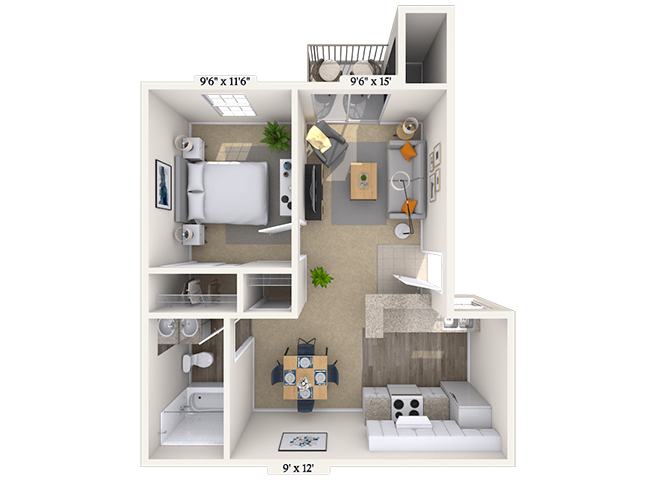 Floor plan for 1 bed, 1 bath, 575 sqft