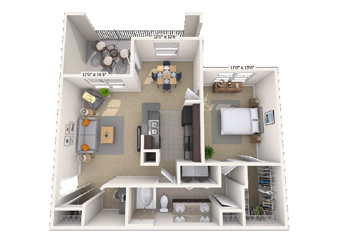 Floor plan for 1 bed, 1 bath, 802 sqft