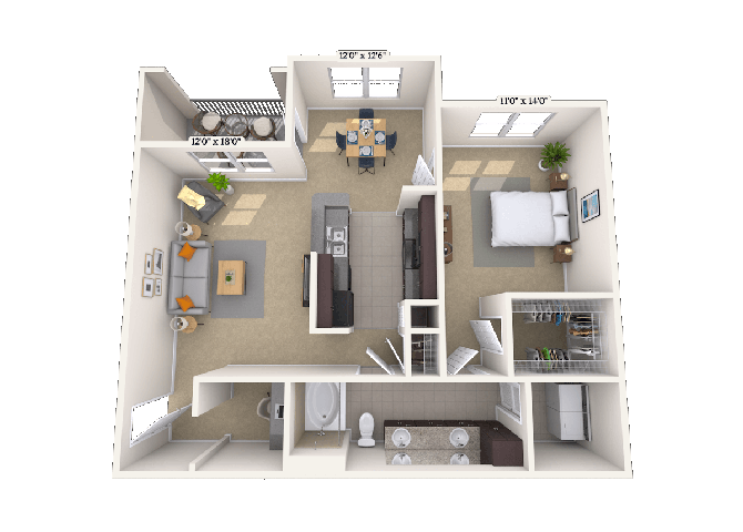 Floor plan for 1 bed, 1 bath, 987 sqft