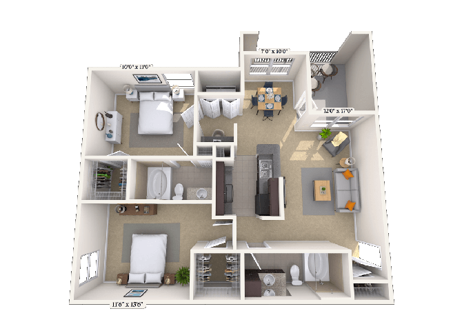 Floor plan for 2 beds, 2 baths, 1056 sqft