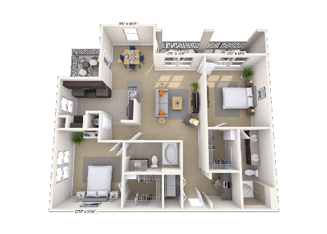 Floor plan for 2 beds, 2 baths, 1153 sqft
