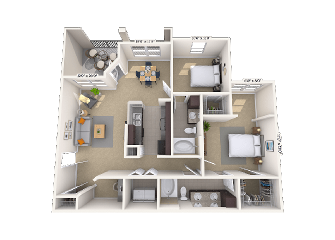 Floor plan for 2 beds, 2 baths, 1189 sqft