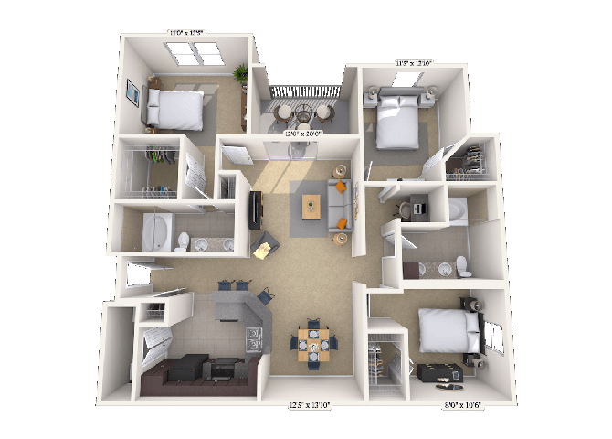 Floor plan for 3 beds, 2 baths, 1350 sqft