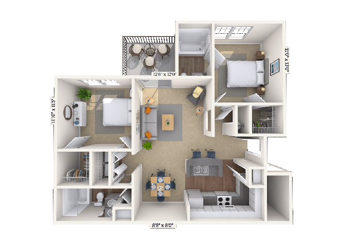 Floor plan for 2 beds, 2 baths, 1090 sqft