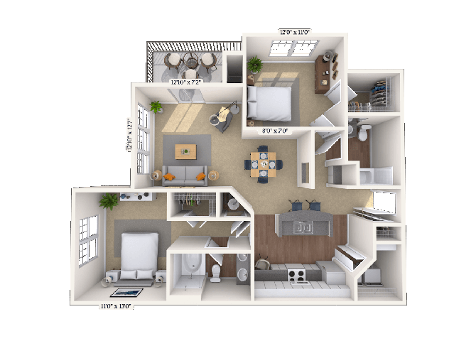 Floor plan for 2 beds, 2 baths, 1139 sqft