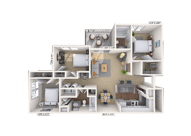 Floor plan for 3 beds, 2 baths, 1304 sqft