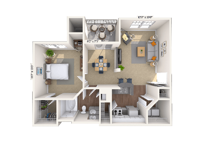 Floor plan for 1 bed, 1 bath, 833 sqft