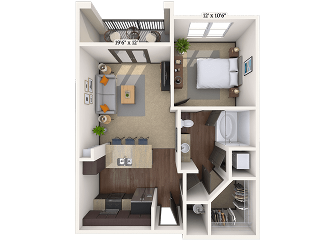 Floor plan for 1 bed, 1 bath, 702 sqft